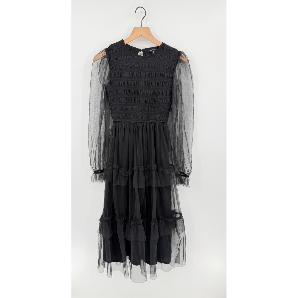 Womens M Black Mesh Tulle Smocked Tiered Dress Whimsigoth Victorian Alt Emo